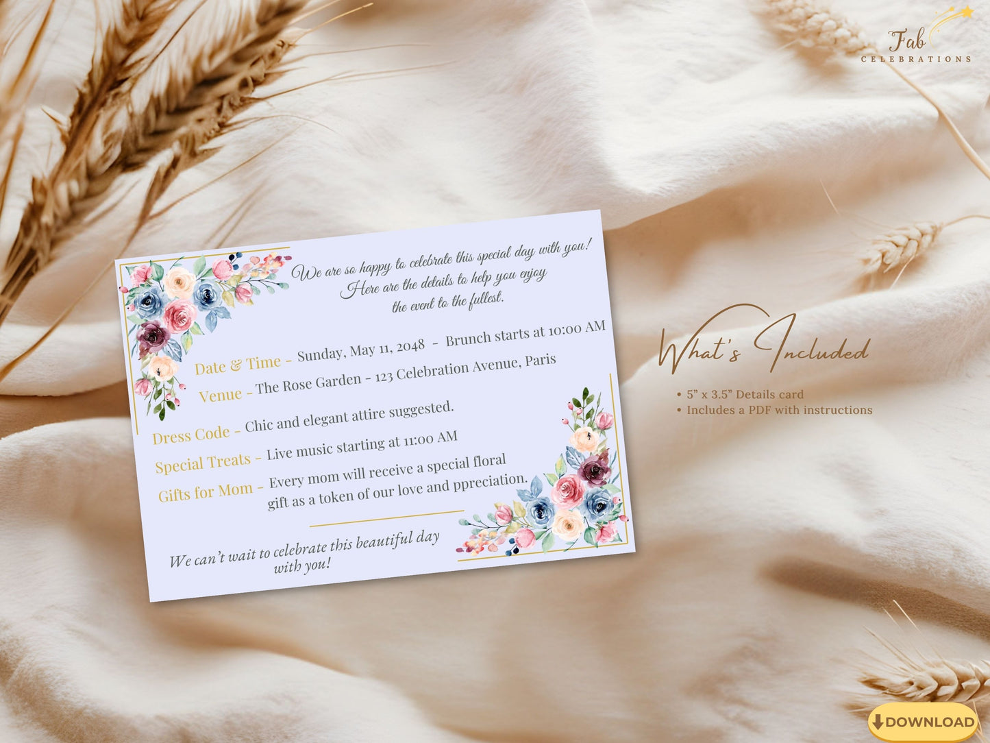 Mother’s Day Info Card pastel detail view combining refined typography with soft floral accents for a harmonious and feminine Mother’s Day celebration theme.