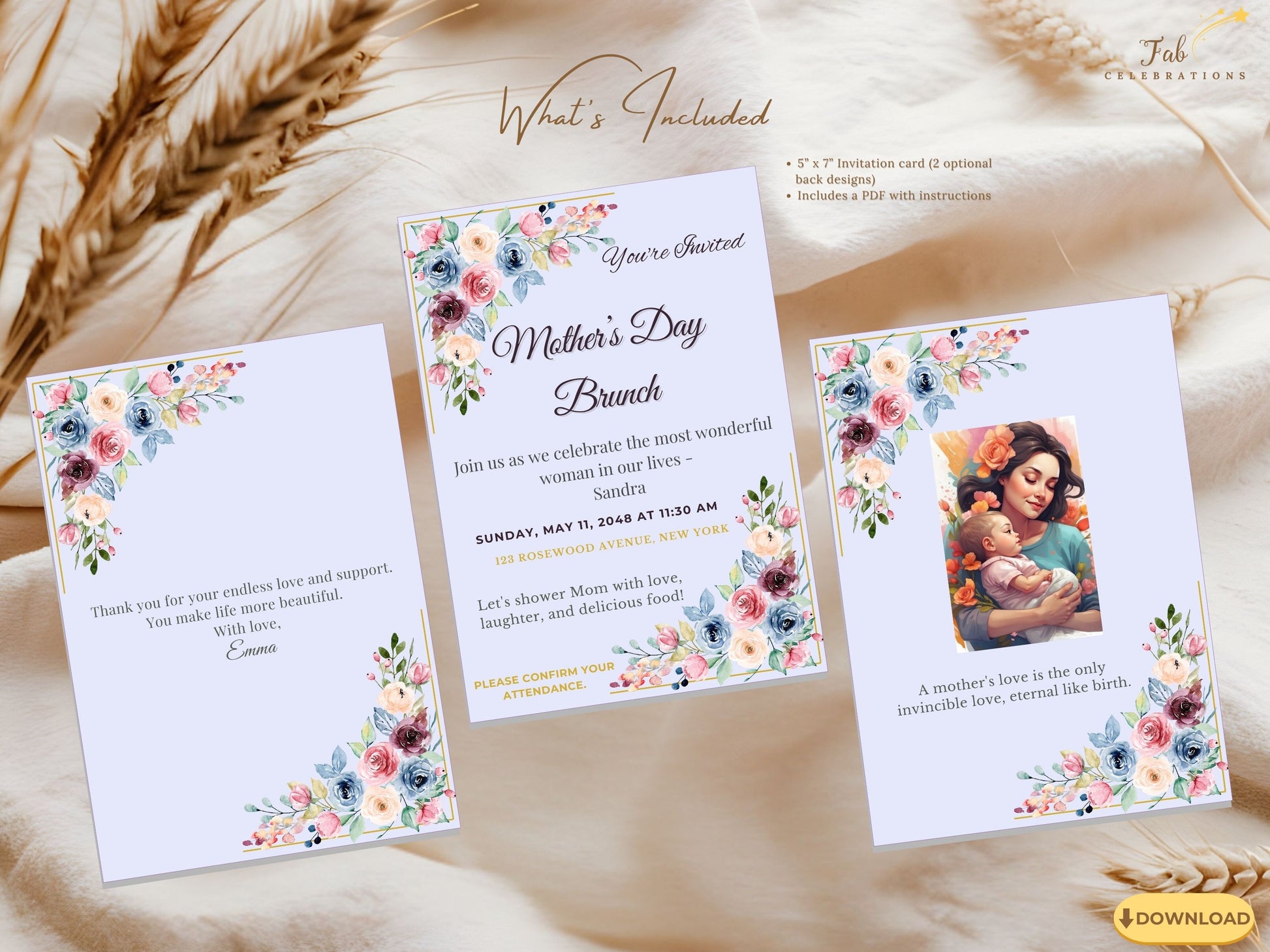 Mother’s Day Invitation 5x7 printable card showcasing romantic pastel florals, graceful typography, and a feminine spring layout designed for an elegant Mother’s Day gathering.