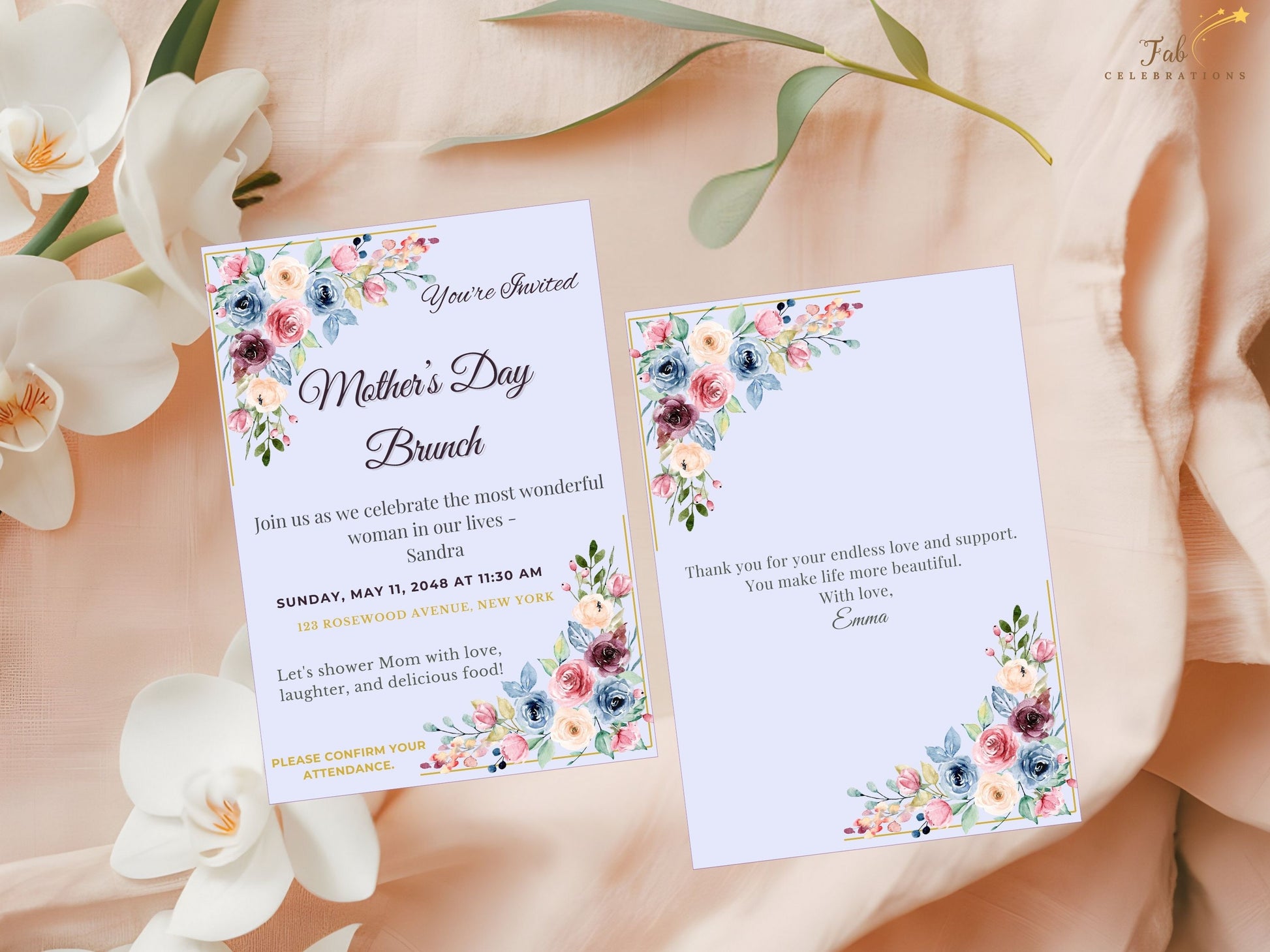 Mother’s Day Invitation lavender floral detail featuring soft spring colors, elegant script typography, and refined botanical accents for a warm and graceful celebration atmosphere.