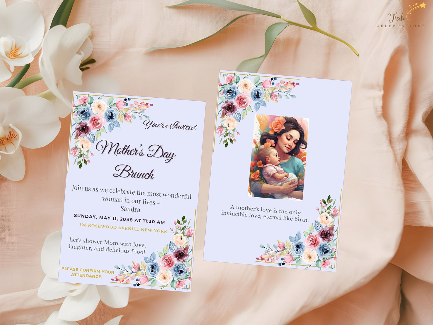 Mother’s Day Invitation floral close-up highlighting delicate blush blooms and watercolor-inspired botanical details arranged in a balanced and romantic pastel composition.