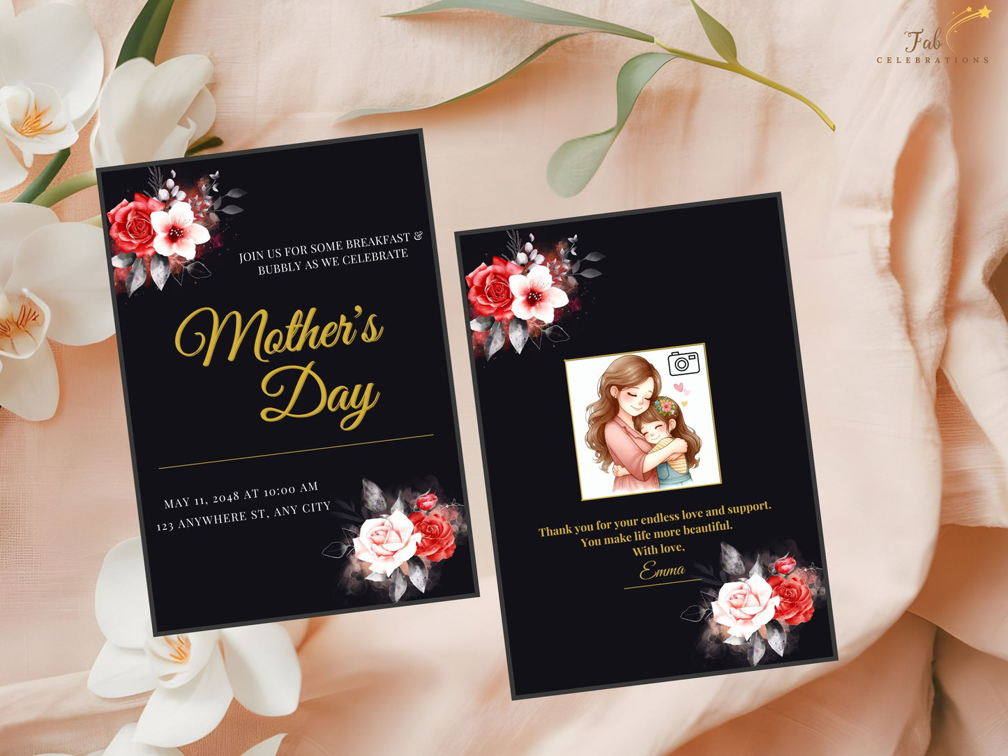 Mother’s Day Invitation Set front card showcasing luxurious gold lettering on a deep black backdrop enhanced with watercolor-inspired red and white floral arrangements for a timeless and graceful celebration aesthetic.
