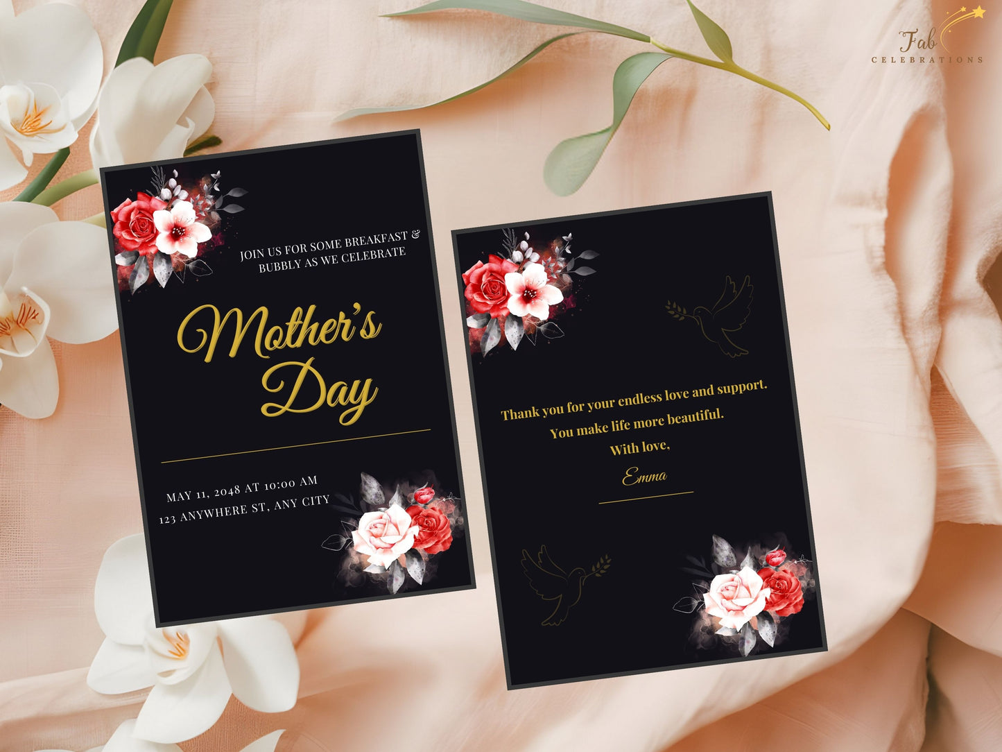 Mother’s Day Invitation Set alternative back card with tender mother and daughter illustration framed in gold, allowing you to replace the image with your own photo for a deeply personal and emotional keepsake.
