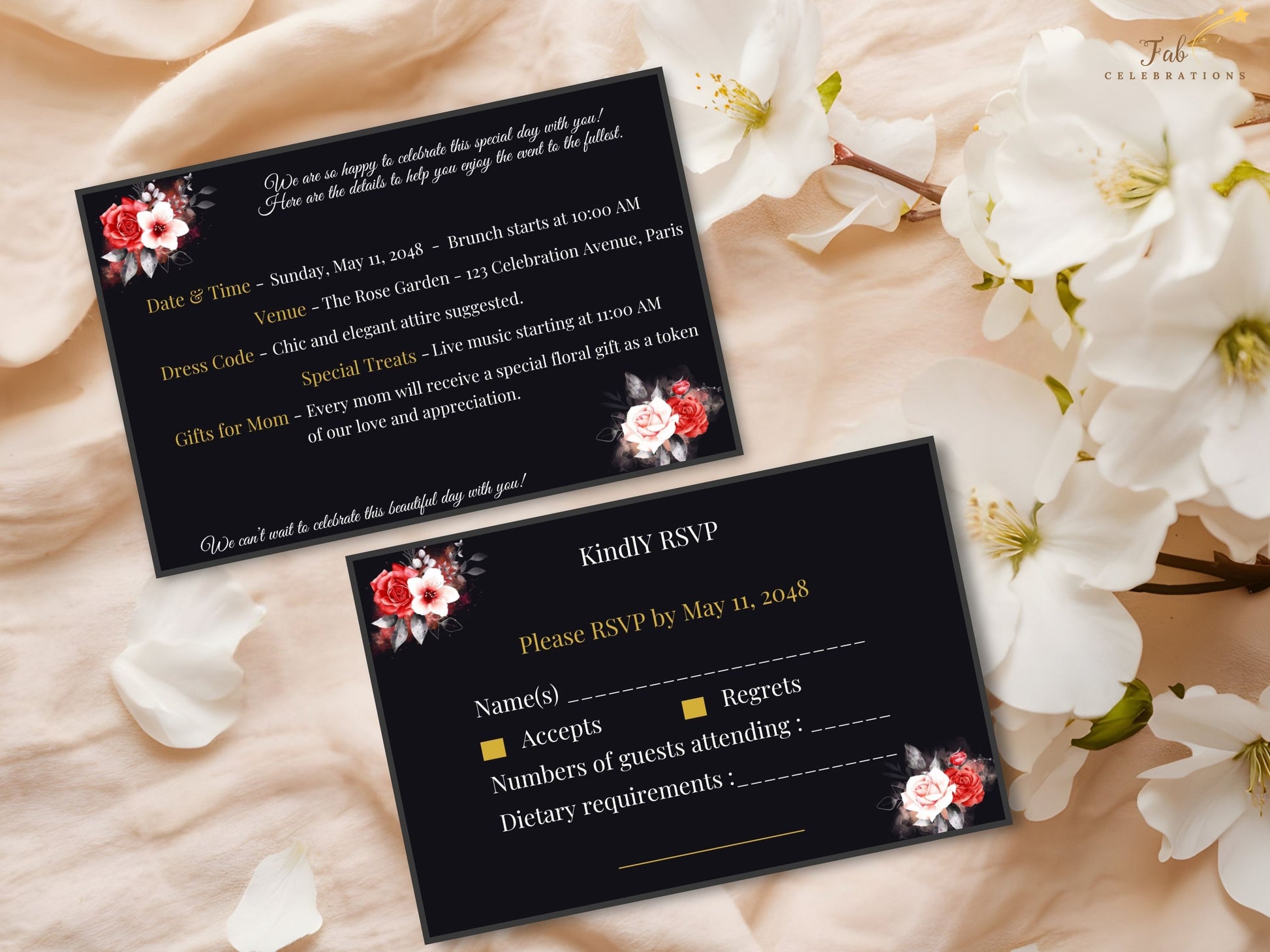 Mother’s Day Invitation Set including a coordinated RSVP card designed with black and gold typography, romantic floral bouquets, and editable Canva layout for a cohesive and beautifully organized event suite.