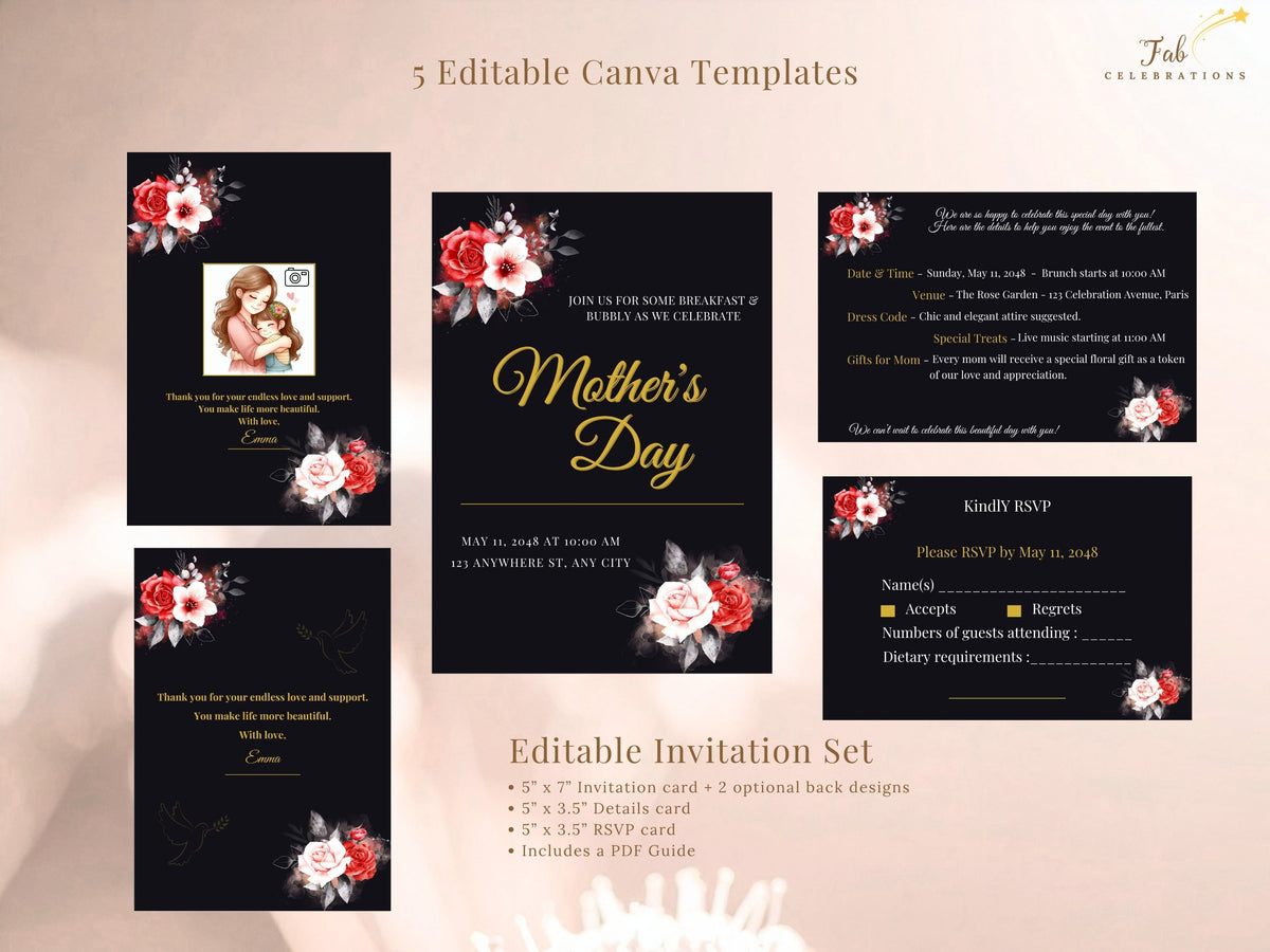Mother’s Day Invitation Set – Black & Gold Canva Templates