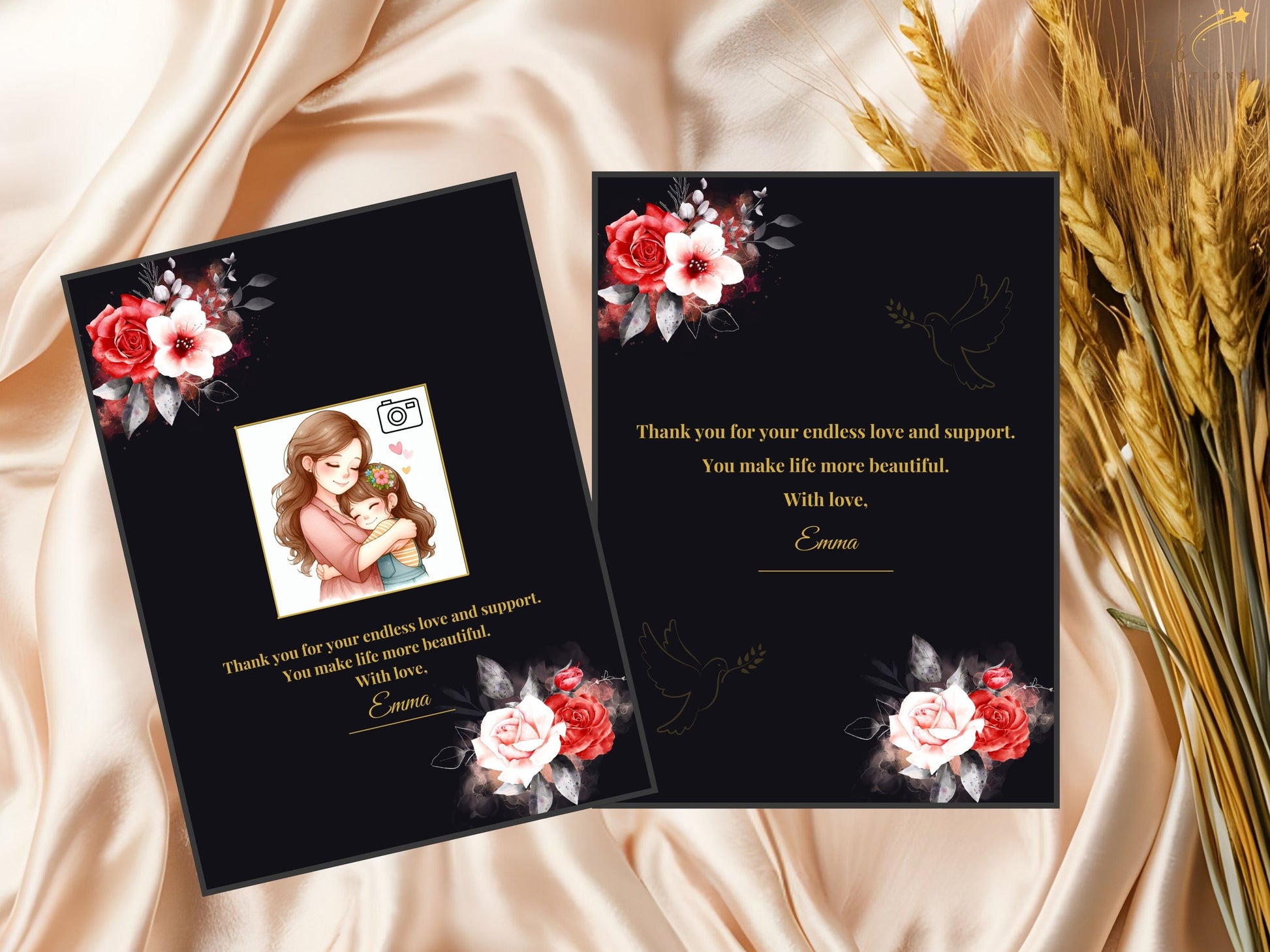 Mother’s Day Invitation Set customizable back design featuring a heartfelt golden message, elegant dove illustrations, and romantic floral accents on a black background inspired by refined French-style stationery.