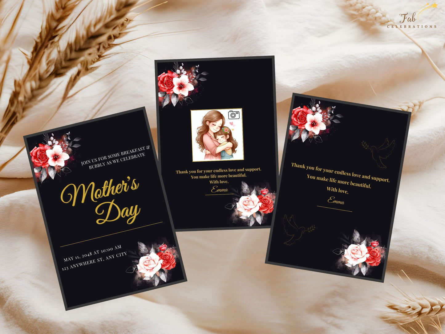 Mother’s Day Invitation Set designed in elegant black and gold with vibrant red roses and delicate white floral accents, created as editable Canva templates perfect for a stylish brunch or meaningful family gathering.