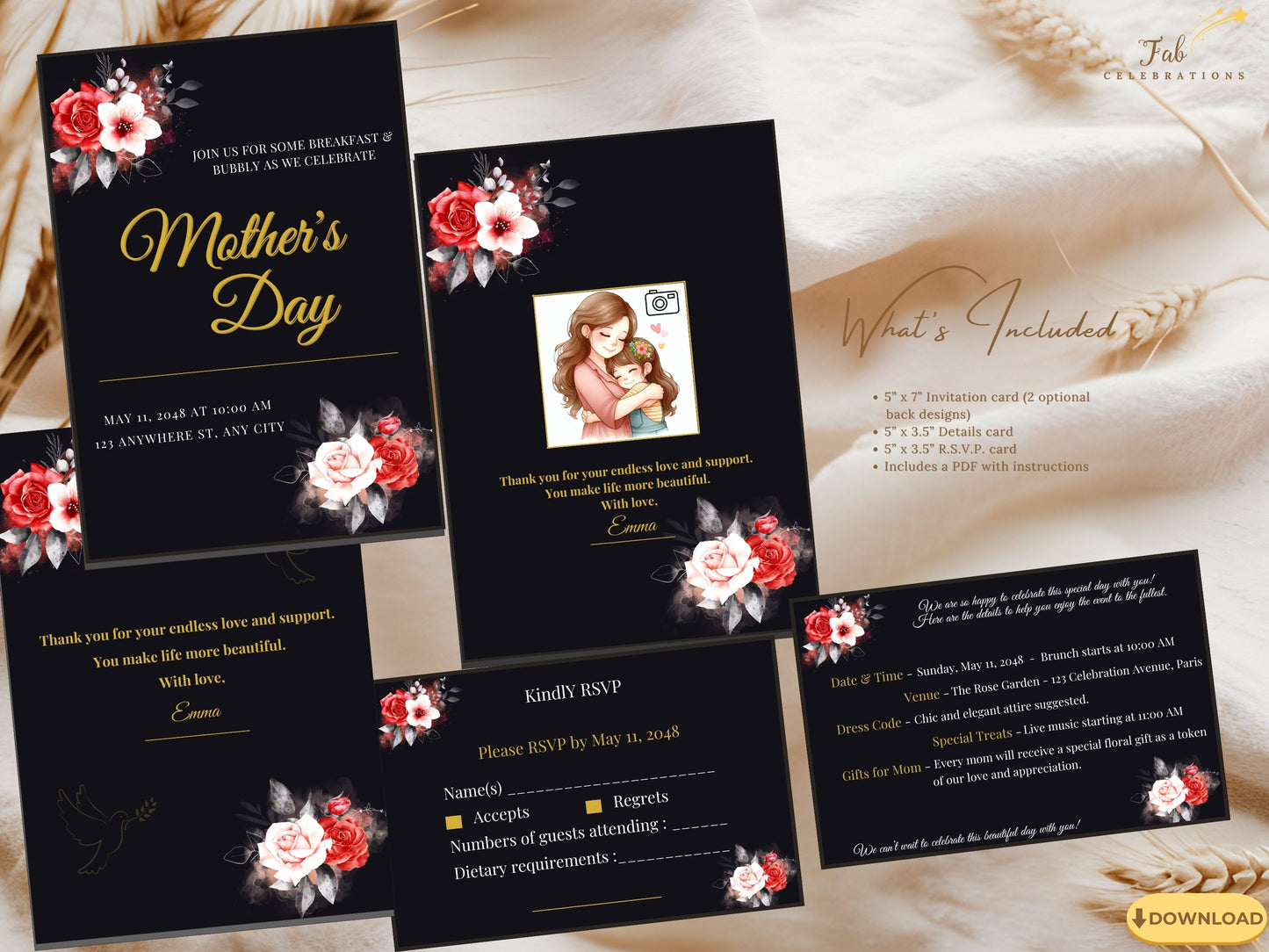 Mother’s Day Invitation Set featuring a dramatic black background with radiant gold typography and red and white watercolor-inspired roses, fully editable in Canva and including matching RSVP and details cards for a refined and heartfelt celebration.