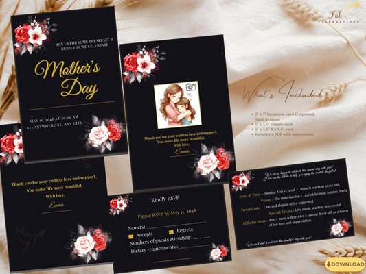 Mother’s Day Invitation Set featuring a dramatic black background with radiant gold typography and red and white watercolor-inspired roses, fully editable in Canva and including matching RSVP and details cards for a refined and heartfelt celebration.