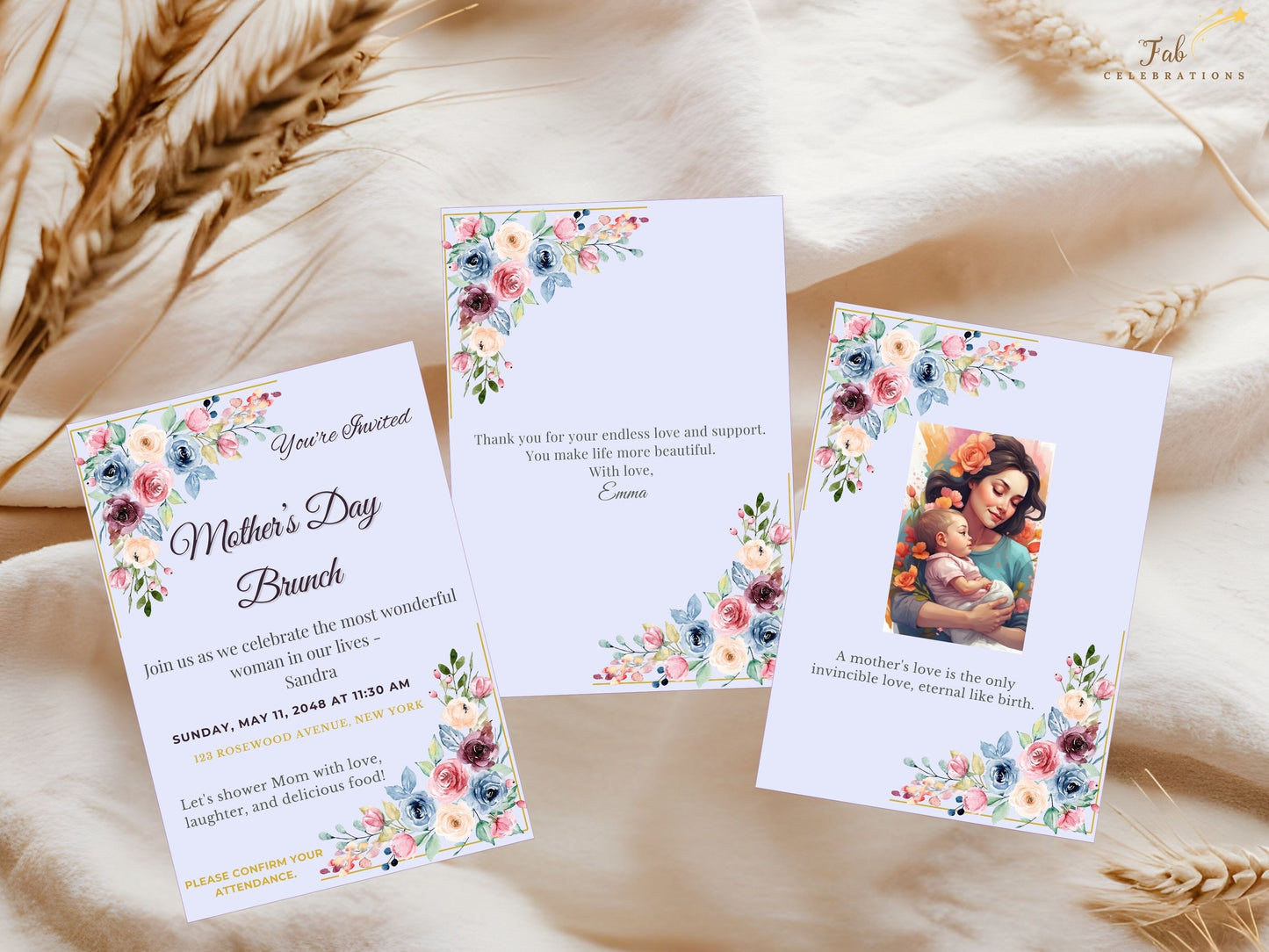 Mother’s Day Invitation featuring an elegant blush floral design with watercolor-inspired flowers in blush, lavender, and sage tones, perfect for a refined spring brunch or heartfelt family celebration.