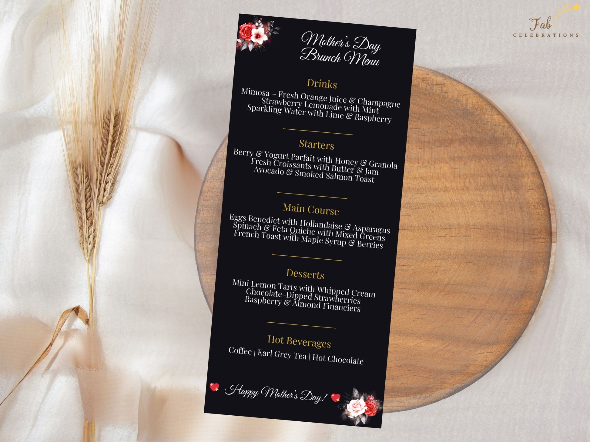 Mother’s Day Menu Card close-up detail featuring rich red and white rose bouquet artwork combined with radiant gold accents in high-resolution printable Canva quality.