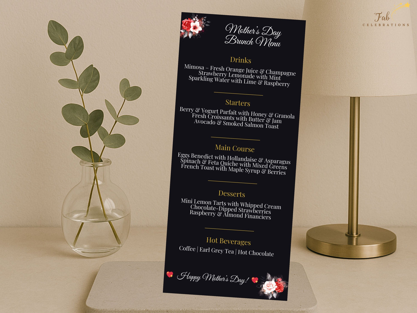 Mother’s Day Menu Card front design showcasing luminous gold lettering over a dramatic black backdrop enhanced with delicate red and white floral arrangements in timeless elegant style.