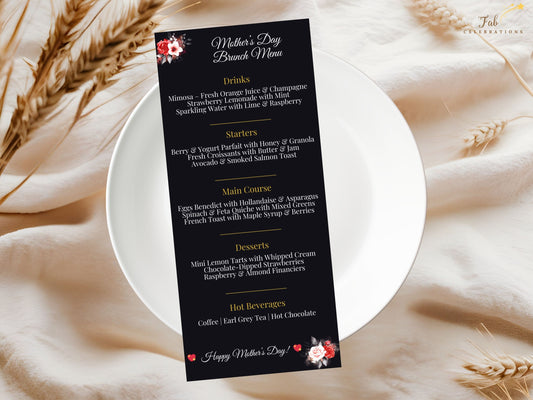 Mother’s Day Menu Card featuring an elegant black background with radiant gold typography and romantic red and white watercolor-inspired roses designed to elevate your table presentation beautifully.