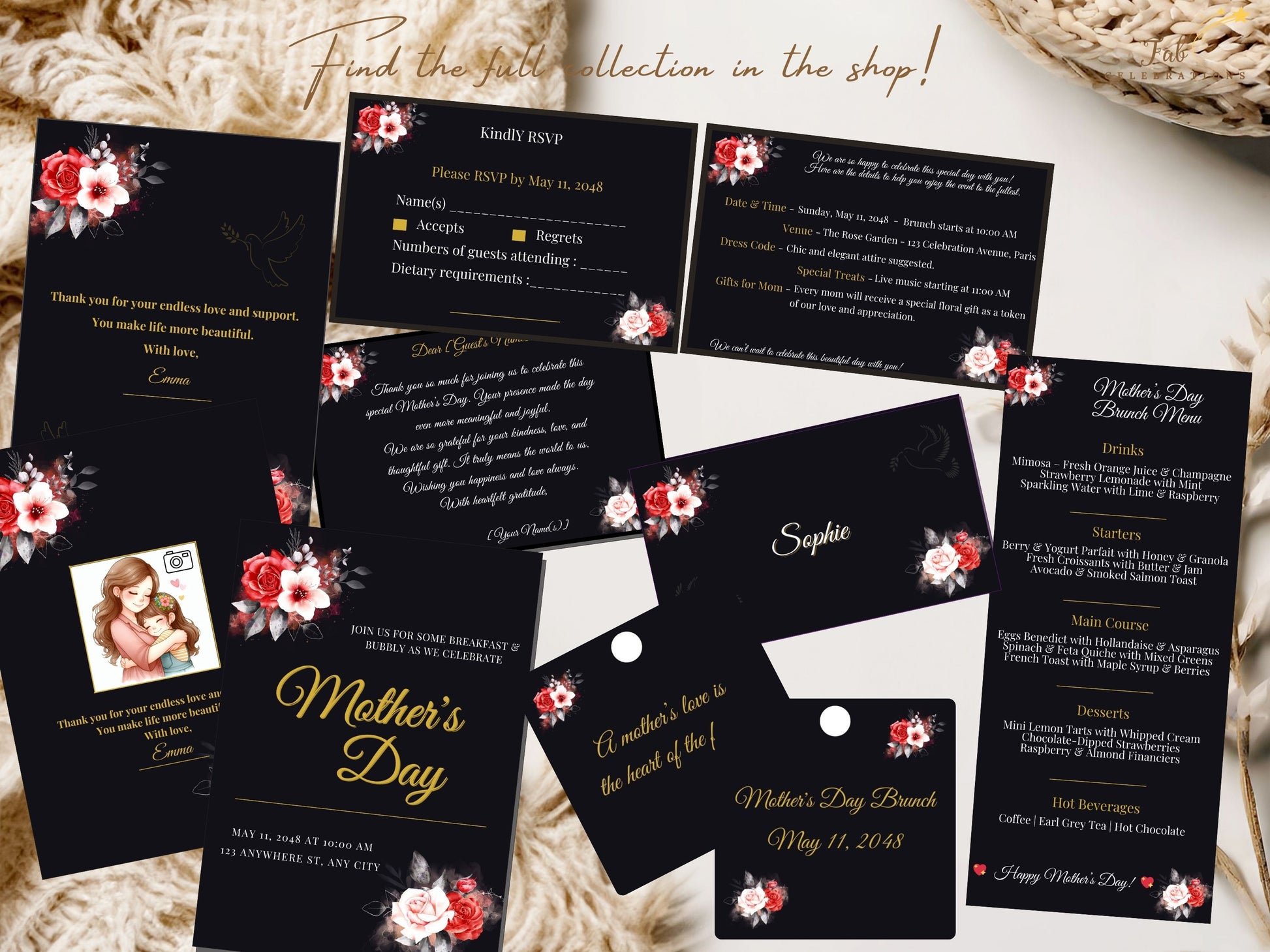 Mother’s Day Menu Card flat 4x9 layout designed to coordinate seamlessly with matching invitation, RSVP, details, and place cards from the Eternal Love collection.