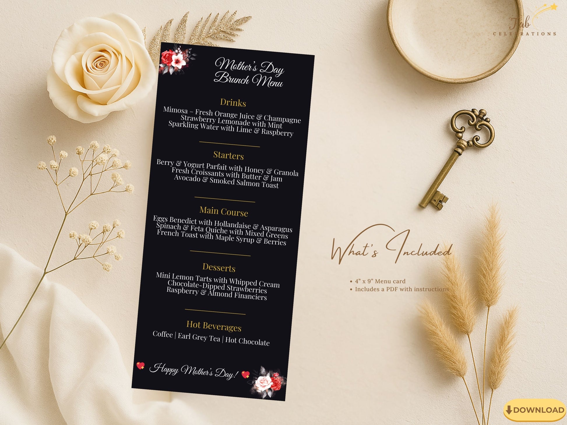 Mother’s Day Menu Card typography detail displaying customizable sections for starters, main course, desserts, beverages, and heartfelt messages in an elegant structured layout.