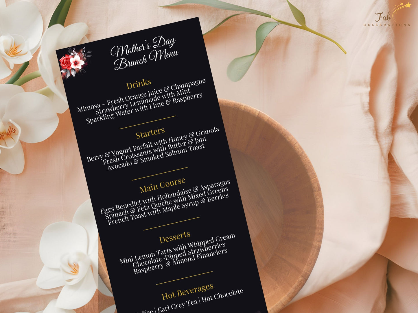 Mother’s Day Menu Card black and gold floral aesthetic highlighting refined layout, balanced typography, and graceful styling ideal for an elegant brunch or dinner celebration.