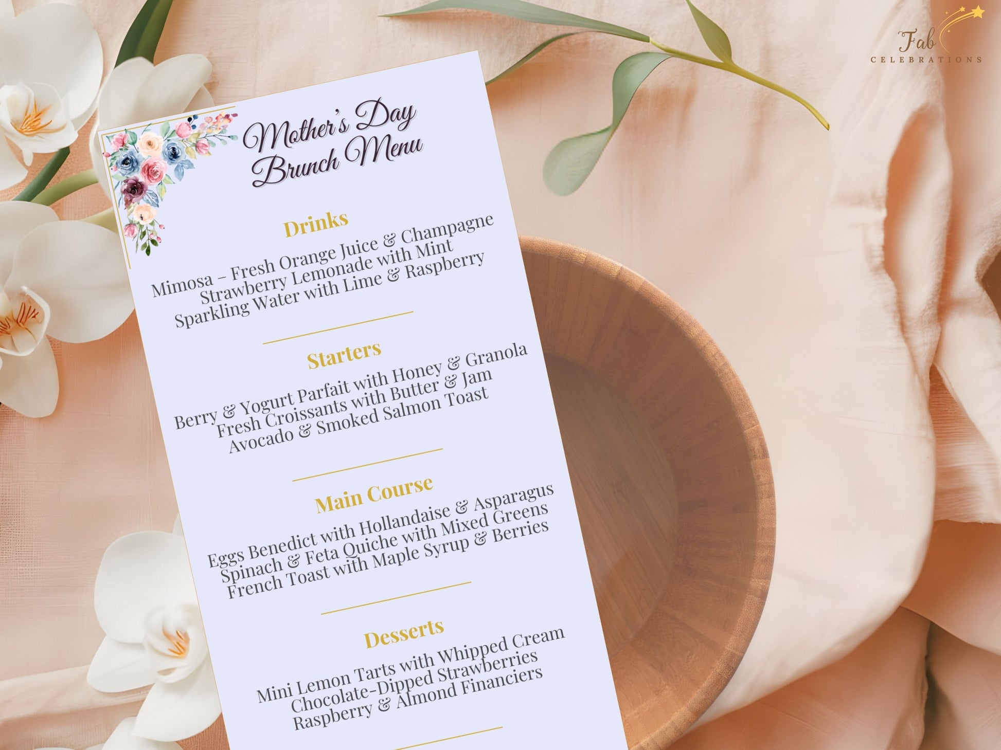Editable Mother’s Day Menu Template Canva layout showcasing customizable menu text areas framed by delicate blush florals and soft sage botanical artwork for elegant table décor.