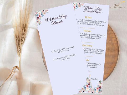 Mother’s Day Menu Template editable Canva design featuring blush pink and sage green watercolor-inspired florals, elegant vertical menu styling, and refined brunch table presentation details.