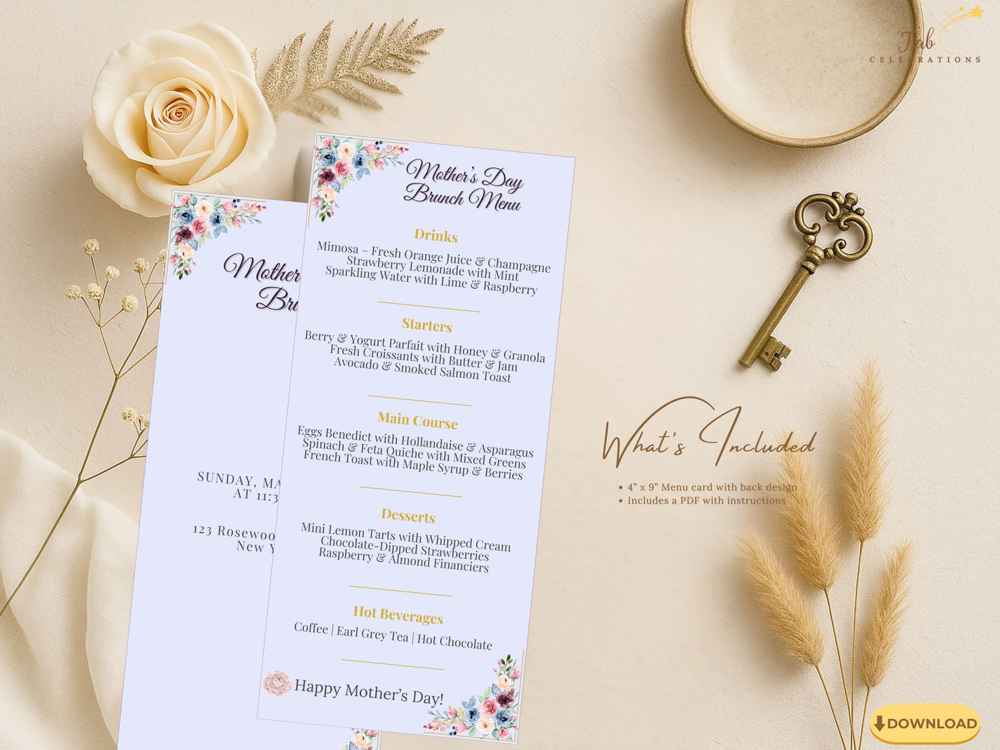 Mother’s Day Menu Template from the Blush Garden collection designed to coordinate beautifully with invitations, place cards, and RSVP templates for a cohesive event presentation.