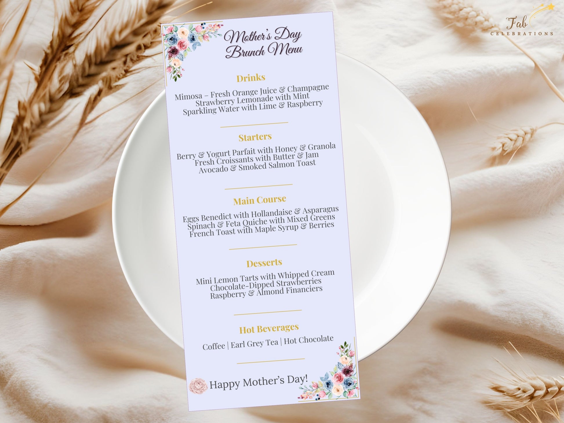 Close-up view of Mother’s Day Menu Template highlighting watercolor-inspired blush roses, sage greenery, and graceful botanical details for timeless spring table styling.