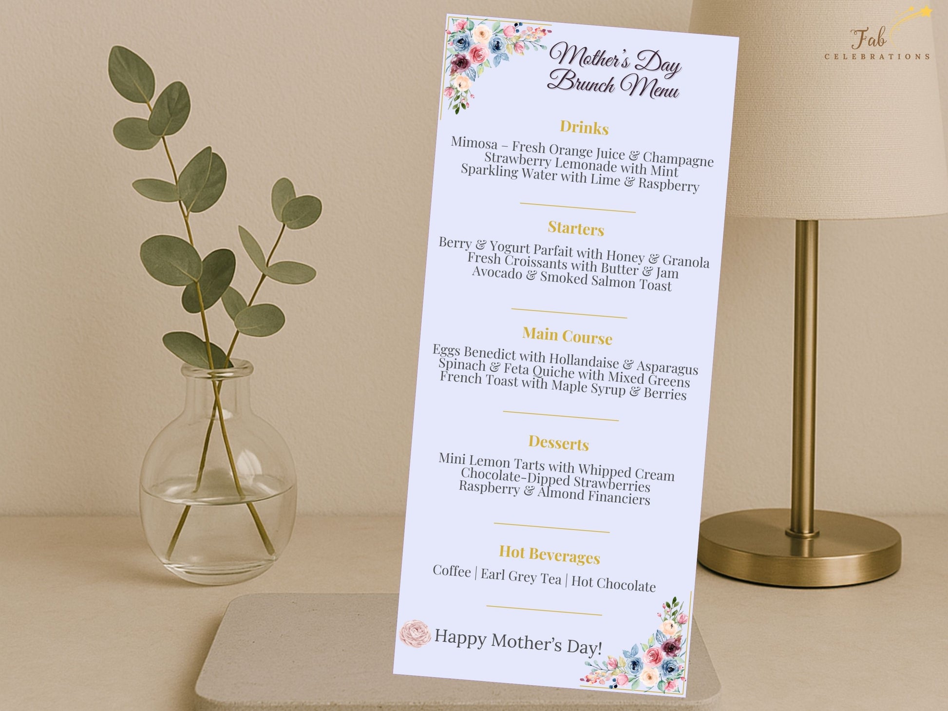 Mother’s Day Menu Template displayed on a beautifully styled brunch table with pastel décor, floral centerpieces, and coordinated place settings creating a harmonious celebration atmosphere.