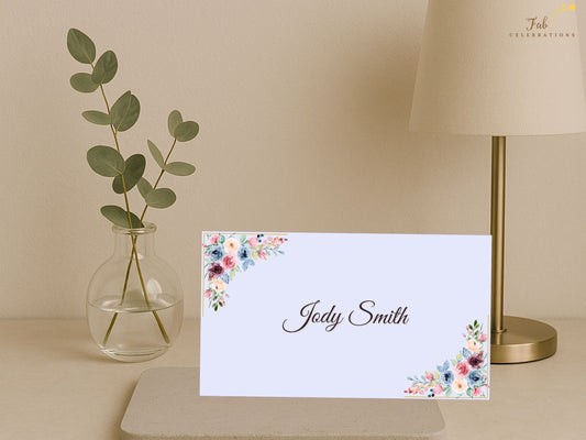 Mother’s Day Name Card editable Canva template featuring blush pink and sage green watercolor-inspired florals, graceful flat place card styling, and elegant seating décor for refined brunch celebrations.