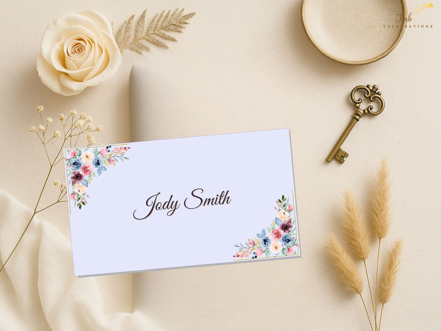 Editable Mother’s Day Name Card Canva template showcasing customizable guest name text framed by delicate watercolor-inspired blush florals and soft sage botanical accents.