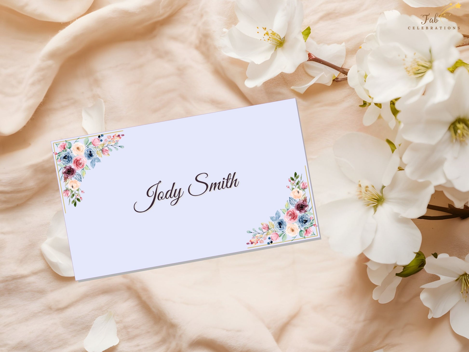 Close-up view of Mother’s Day Name Card highlighting watercolor-inspired blush roses, sage greenery, and graceful botanical details designed for timeless spring table styling.