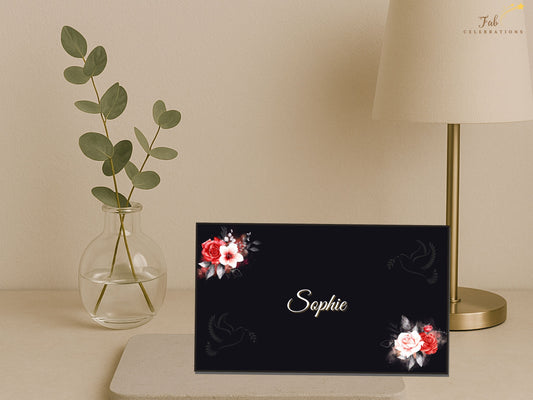 Mother’s Day Place Card featuring an elegant black background with refined gold typography and romantic red and white watercolor-inspired roses designed to personalize each table setting beautifully.