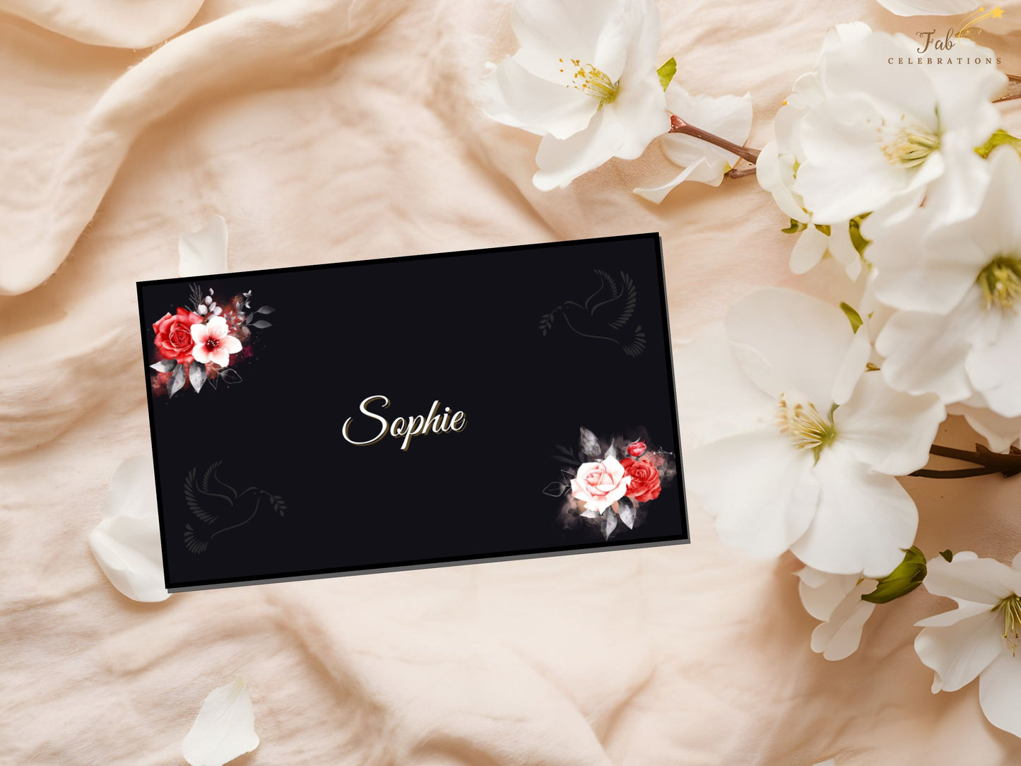 Mother’s Day Place Card front design showcasing luminous gold lettering on a dramatic black backdrop enhanced with delicate red and white floral artwork in timeless elegant style.