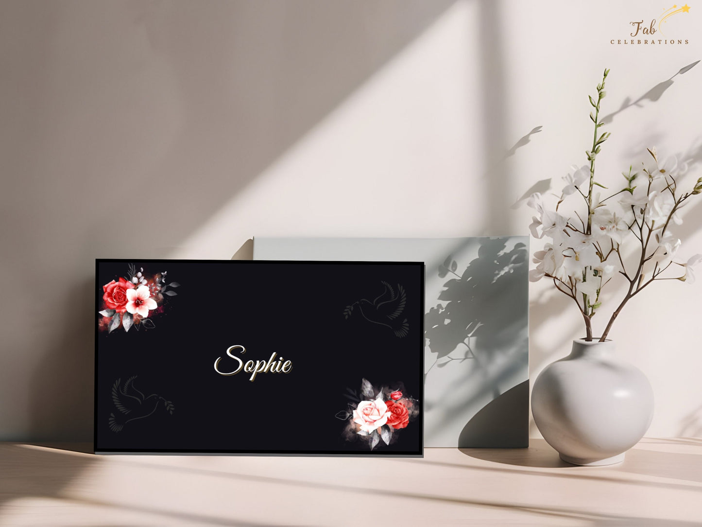 Mother’s Day Place Card black and gold floral aesthetic highlighting balanced layout, graceful typography, and romantic floral accents ideal for elegant brunch or dinner celebrations.