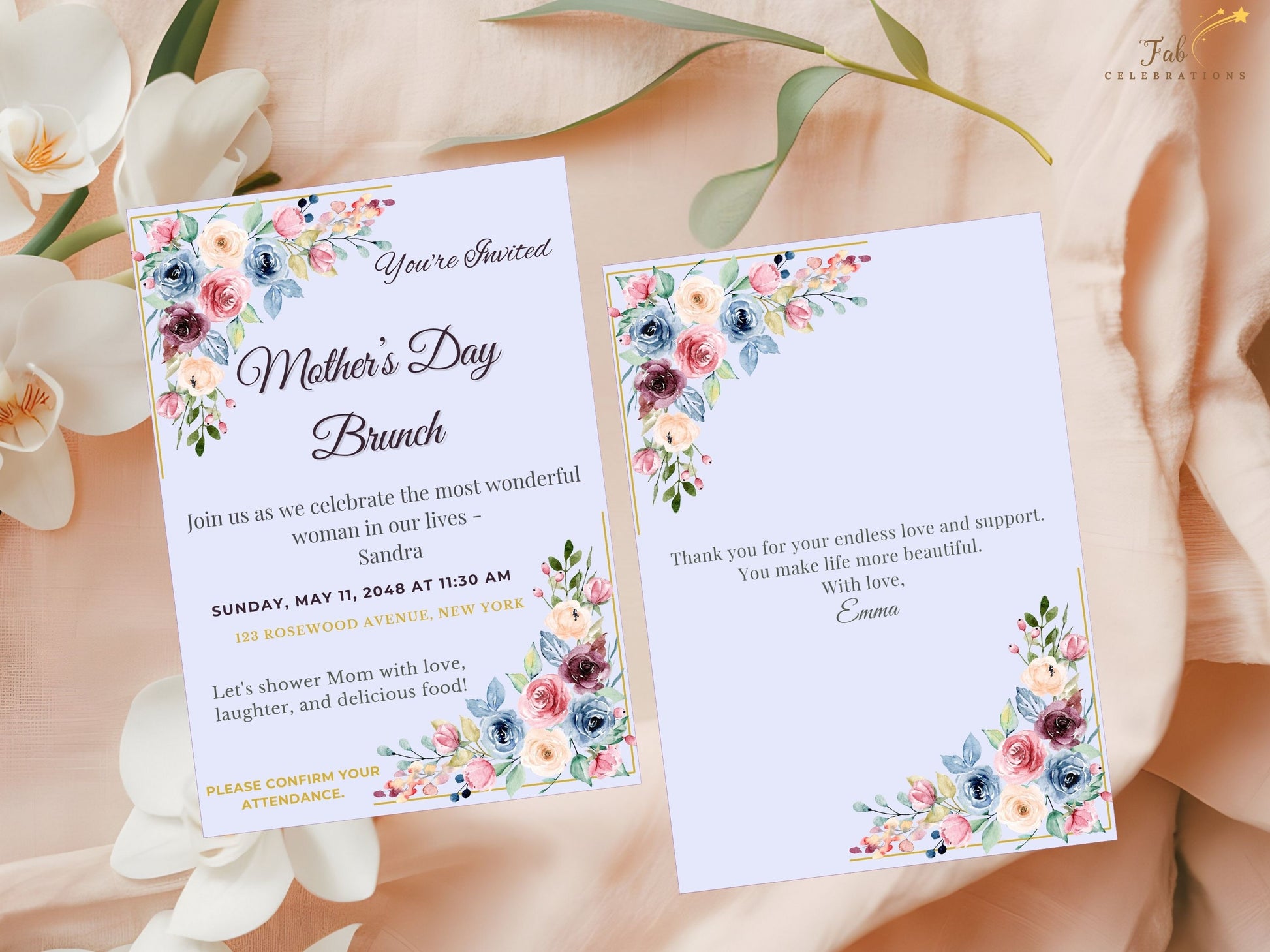 Mother’s Day Printable Bundle complete floral invitation suite including invitation, RSVP, and details cards displayed together in a coordinated blush watercolor design with soft romantic spring colors.