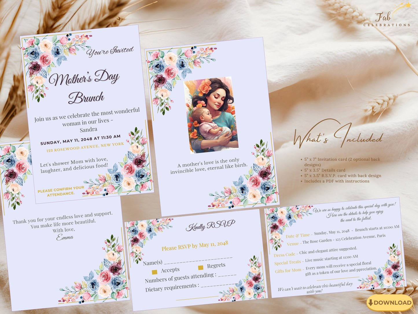 Mother’s Day Printable Bundle featuring an elegant blush floral invitation card with watercolor-inspired flowers, refined pastel typography, and soft spring tones, perfect for a Mother’s Day brunch or garden celebration.