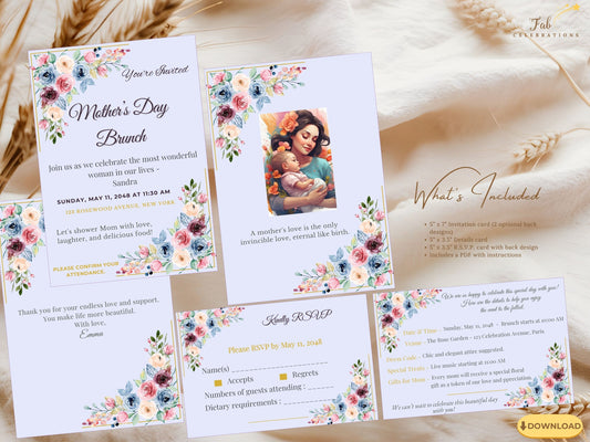 Mother’s Day Printable Bundle featuring an elegant blush floral invitation card with watercolor-inspired flowers, refined pastel typography, and soft spring tones, perfect for a Mother’s Day brunch or garden celebration.