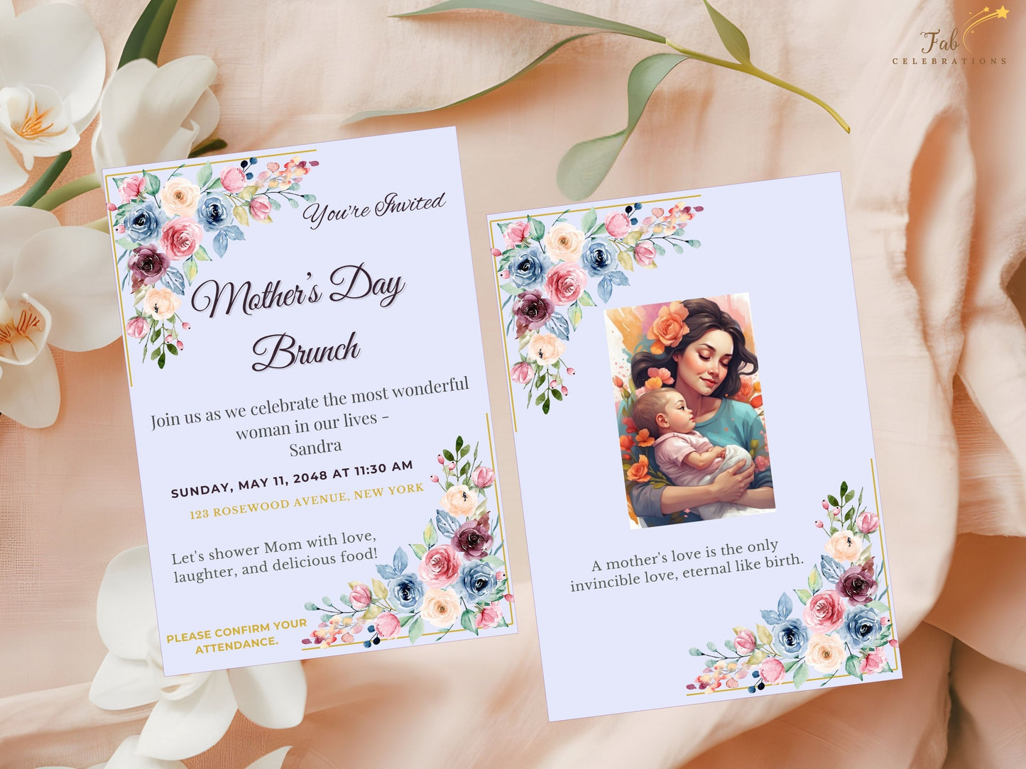 Mother’s Day Printable Bundle details card template featuring delicate pastel watercolor blooms and graceful typography, ideal for sharing brunch schedules, addresses, and celebration information elegantly.