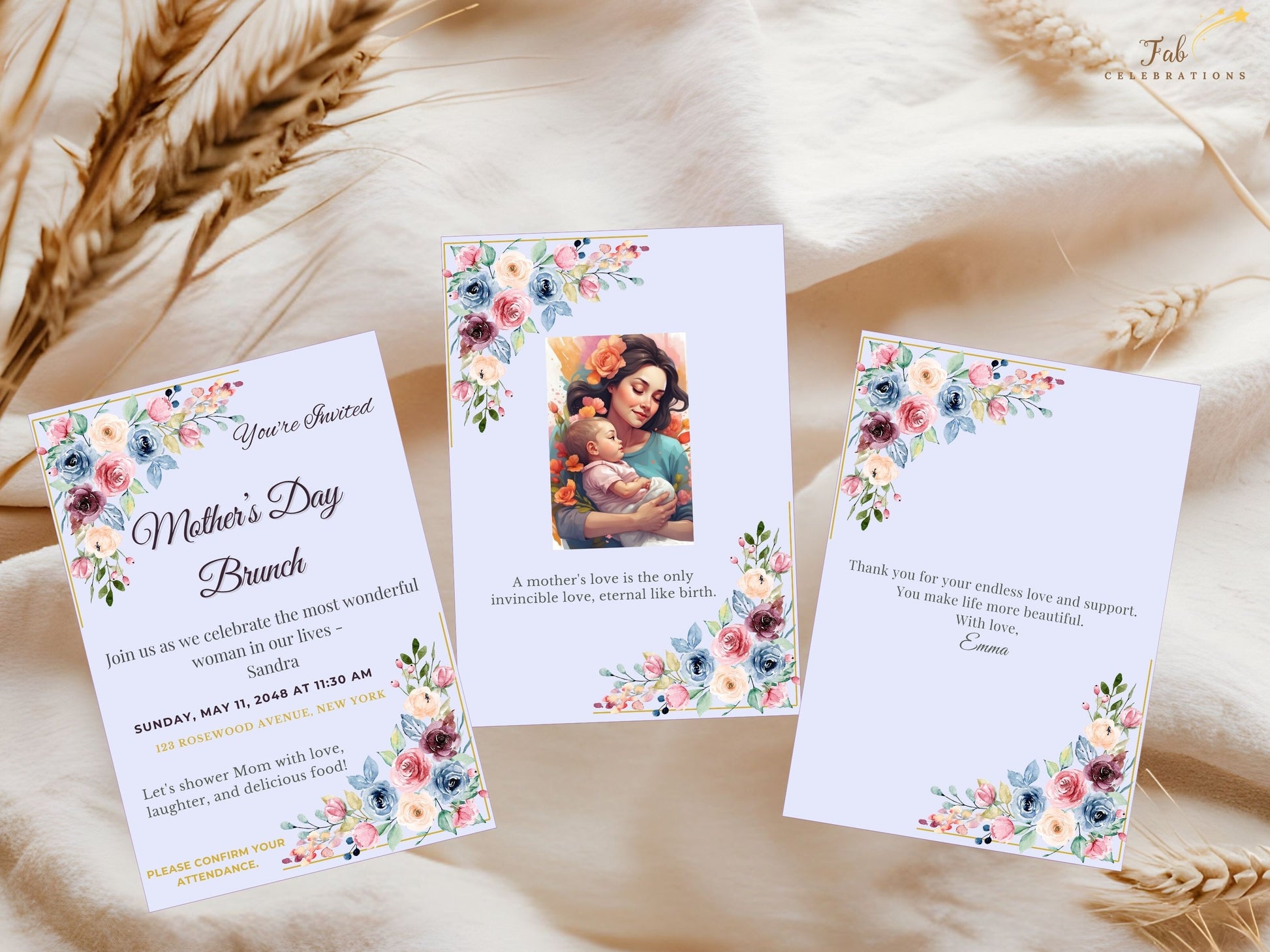 Mother’s Day Printable Bundle RSVP card designed with blush pink and sage green watercolor florals, editable Canva text areas, and a refined pastel layout for collecting guest responses beautifully.