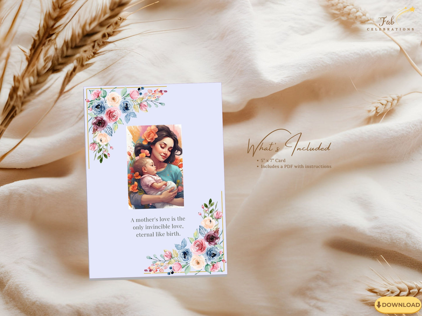 Mother’s Day Quote Card print-at-home example displayed on premium cardstock, demonstrating crisp 300 DPI resolution and graceful floral presentation with pastel botanical accents.
