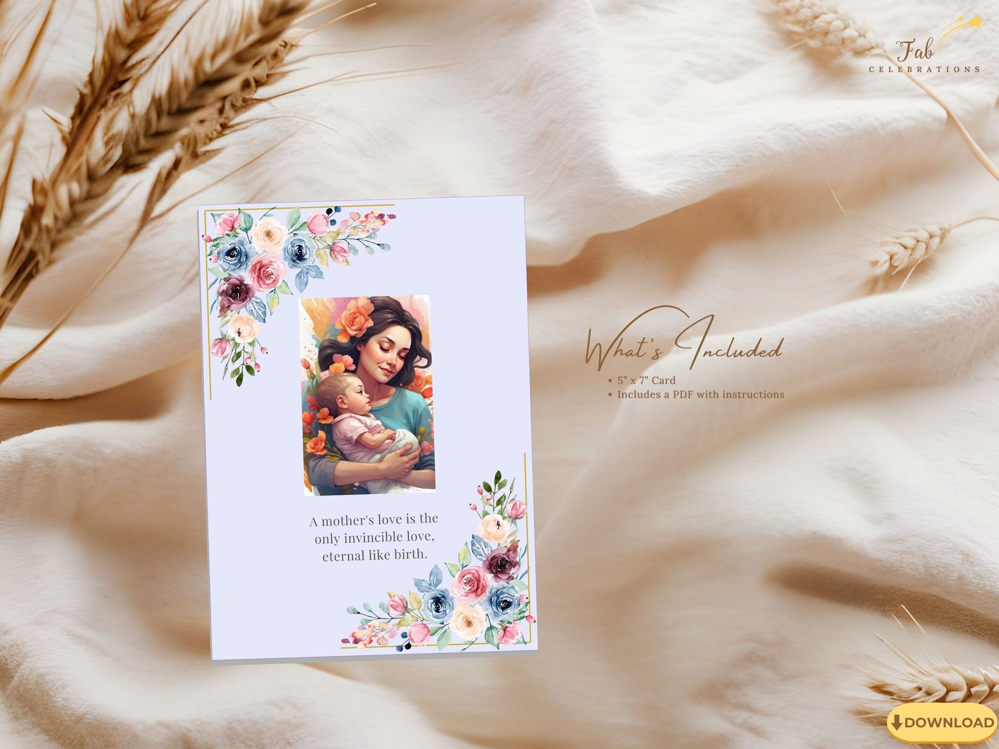 Mother’s Day Quote Card print-at-home example displayed on premium cardstock, demonstrating crisp 300 DPI resolution and graceful floral presentation with pastel botanical accents.