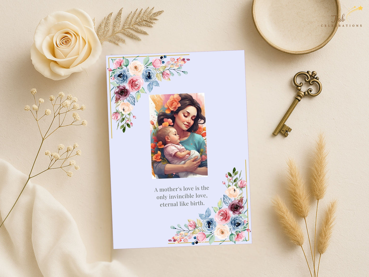 Mother’s Day Quote Card printable featuring delicate blush pink and sage green watercolor-inspired florals, elegant pastel styling, and a heartfelt message created for meaningful celebrations.