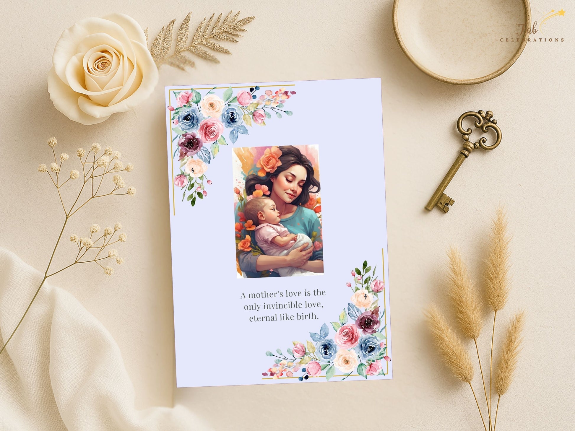 Mother’s Day Quote Card printable featuring delicate blush pink and sage green watercolor-inspired florals, elegant pastel styling, and a heartfelt message created for meaningful celebrations.
