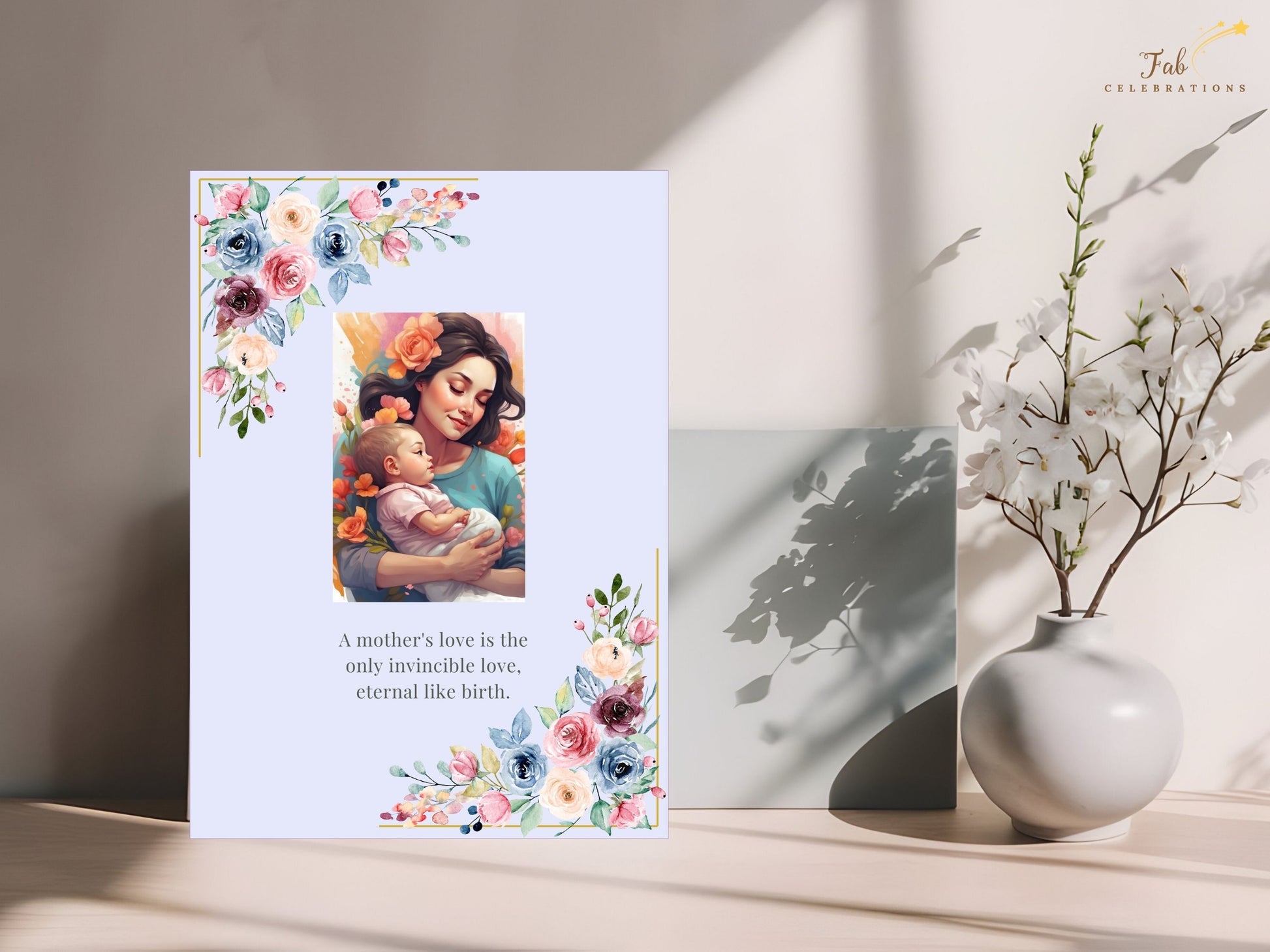 Mother’s Day Quote Card shown in flat 5x7 printable format featuring blush and sage watercolor florals, airy layouts, and refined centered typography styling.