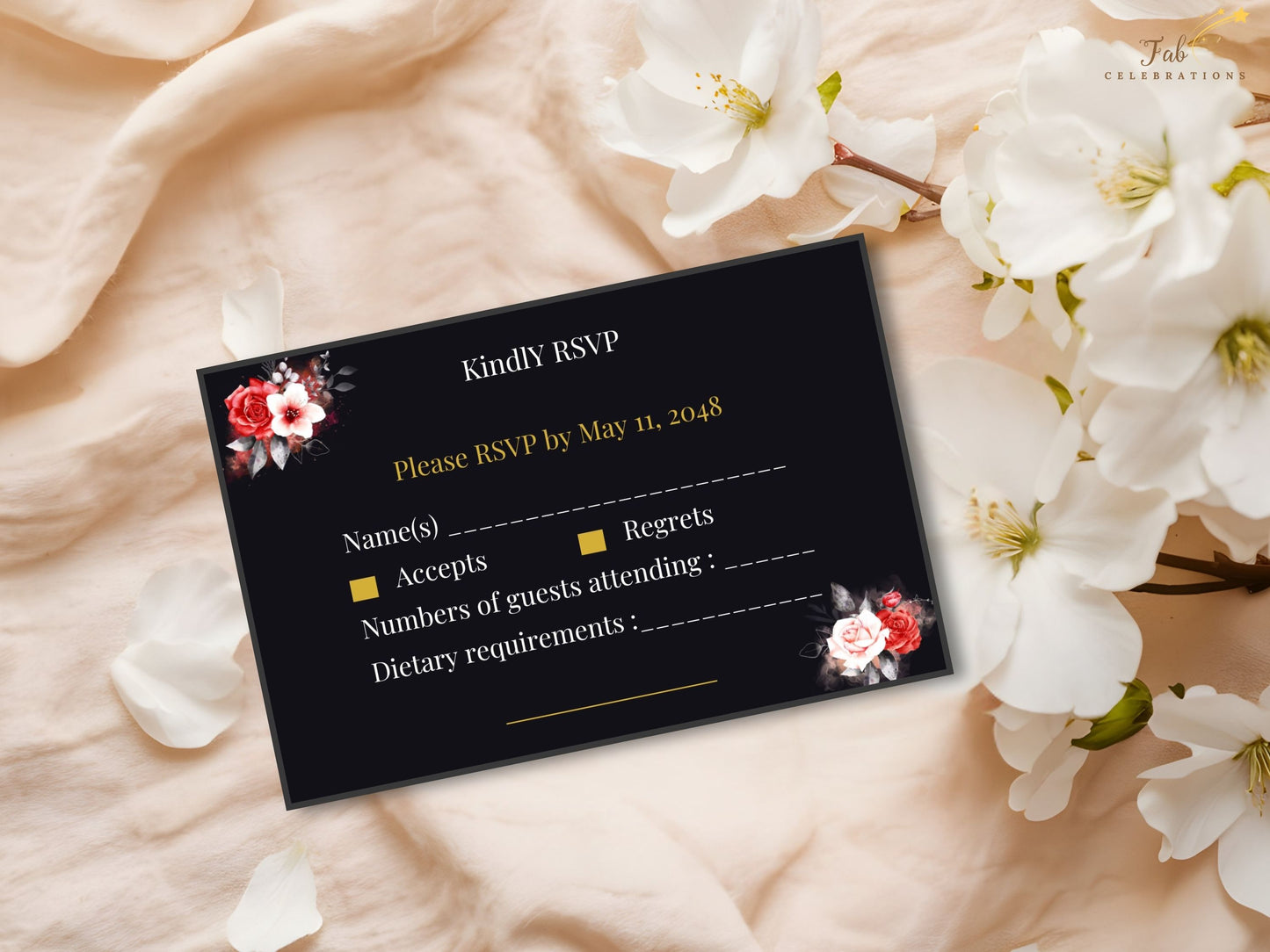Mother’s Day RSVP and Menu Set printable bundle with refined floral accents and romantic black and gold styling, ideal for a graceful brunch or dinner celebration.