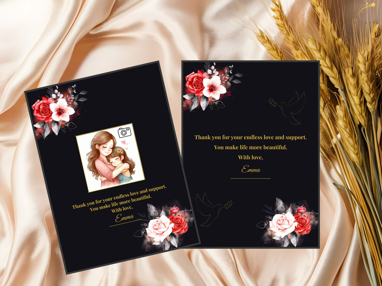 Mother’s Day RSVP and Menu Set coordinated stationery templates featuring elegant floral artwork, editable Canva layout, and timeless black and gold tones for honoring mom beautifully.