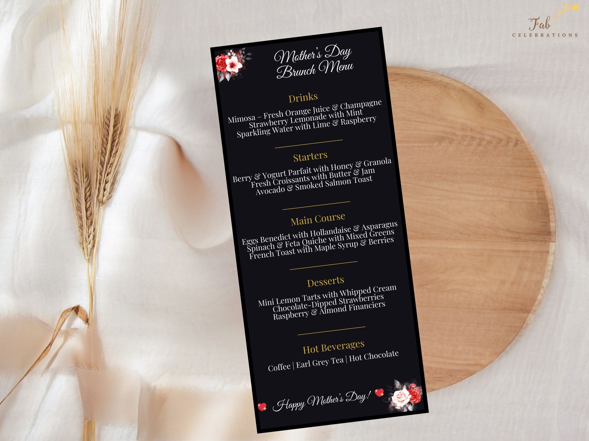 Mother’s Day RSVP and Menu Set digital download featuring matching floral stationery design, golden typography, and elegant black background for a cohesive event atmosphere.