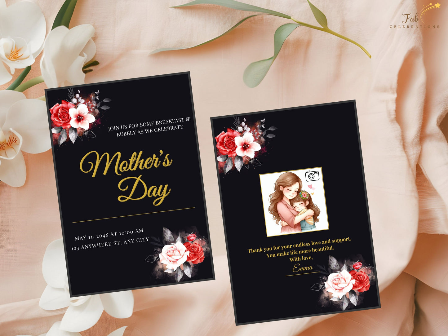 Mother’s Day RSVP and Menu Set designed in sophisticated black and gold style with watercolor-inspired roses and customizable Canva layouts for an elegant event presentation.