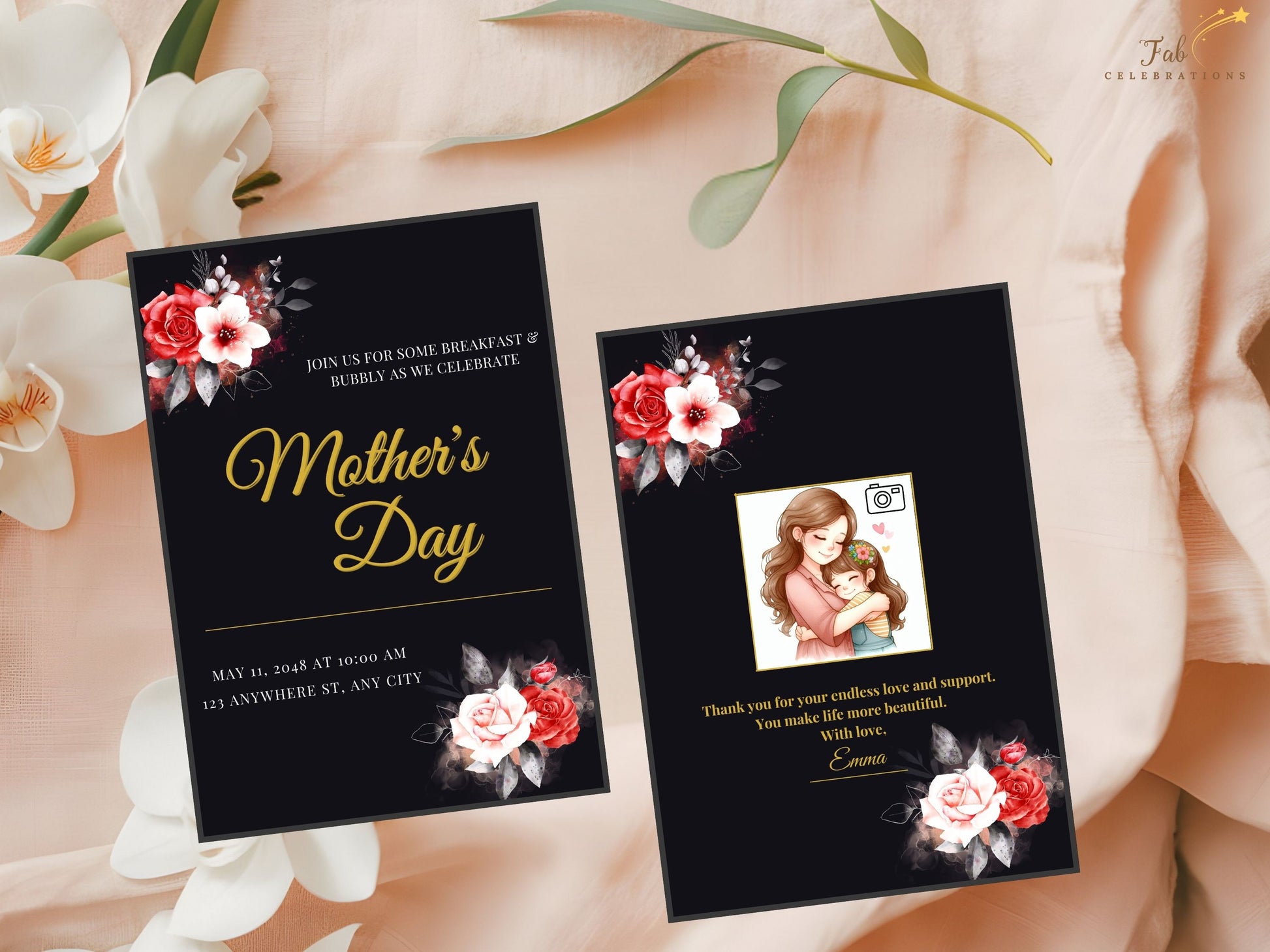Mother’s Day RSVP and Menu Set designed in sophisticated black and gold style with watercolor-inspired roses and customizable Canva layouts for an elegant event presentation.