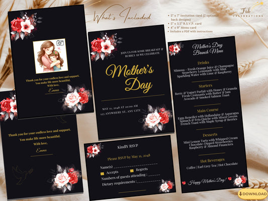 Mother’s Day RSVP and Menu Set featuring elegant black background, radiant gold typography, and red and white floral artwork, fully editable in Canva for a refined celebration.