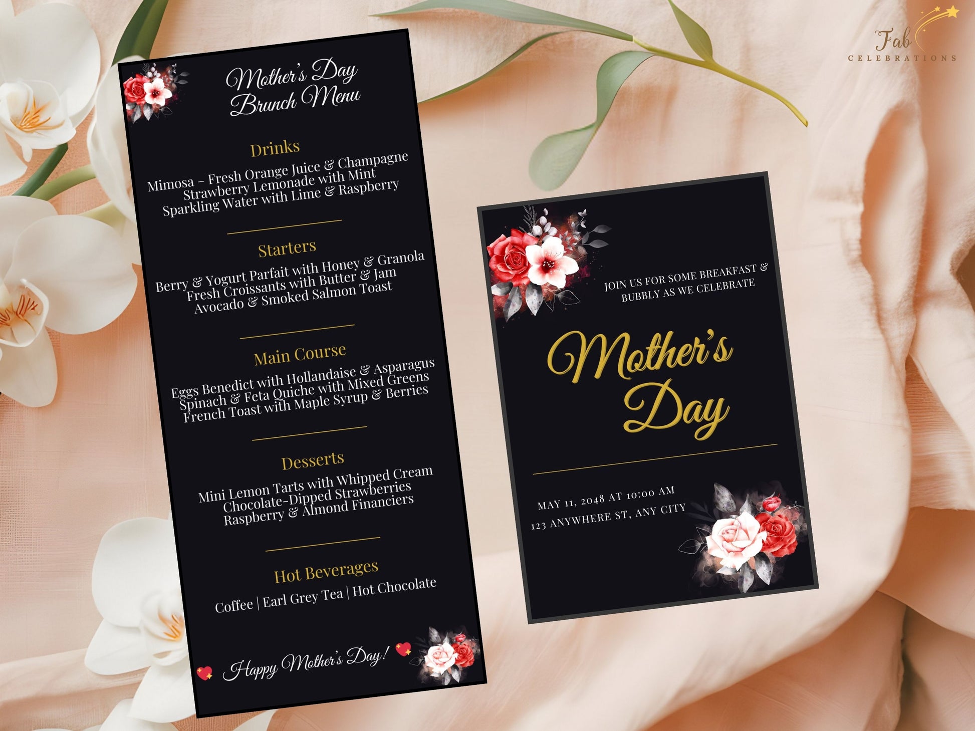 Mother’s Day RSVP and Menu Set Canva templates including coordinated RSVP and menu cards with floral accents, ideal for hosting a warm and beautifully organized celebration.