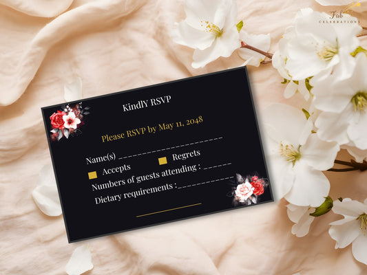 Mother’s Day RSVP Card featuring an elegant black background with refined gold and white typography alongside romantic red and white watercolor-inspired roses for a beautifully coordinated celebration.