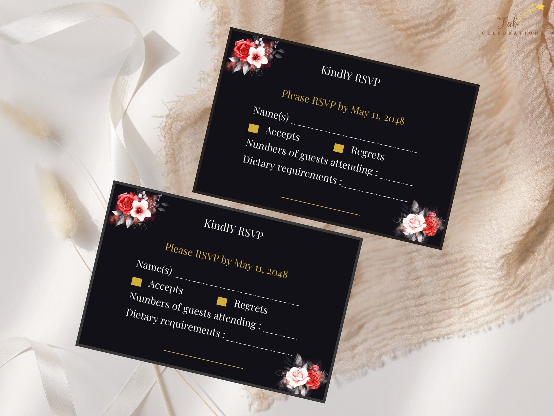 Mother’s Day RSVP Card front design showcasing dramatic black and gold floral styling with delicate red and white rose accents creating a timeless and sophisticated stationery aesthetic.