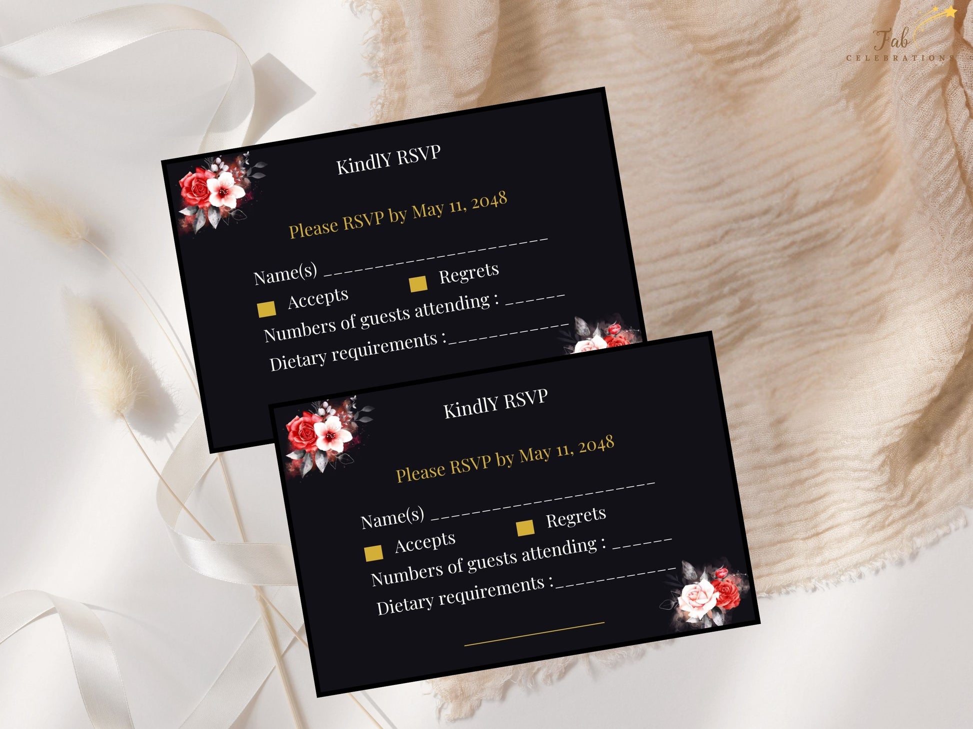 Mother’s Day RSVP Card close-up detail featuring rich red and white rose bouquet artwork paired with radiant gold lettering in a high-resolution printable Canva template.